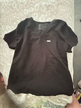 Figs Black V-Neck Medical Scrub Top with Chest Pocket